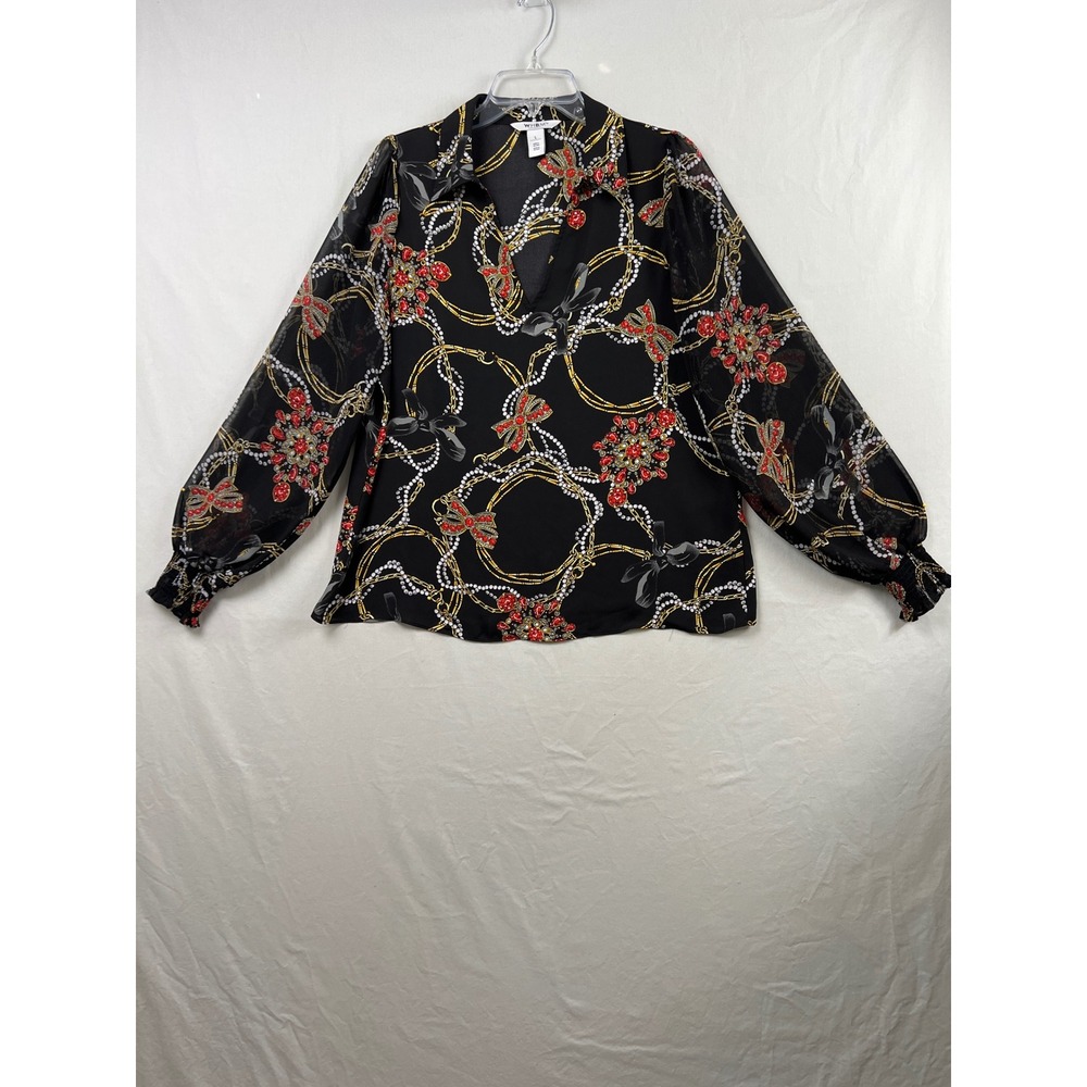 WHBM Blouse Womens Large Black Jewel Chain Print Sheer Sleeve V-Neck Top